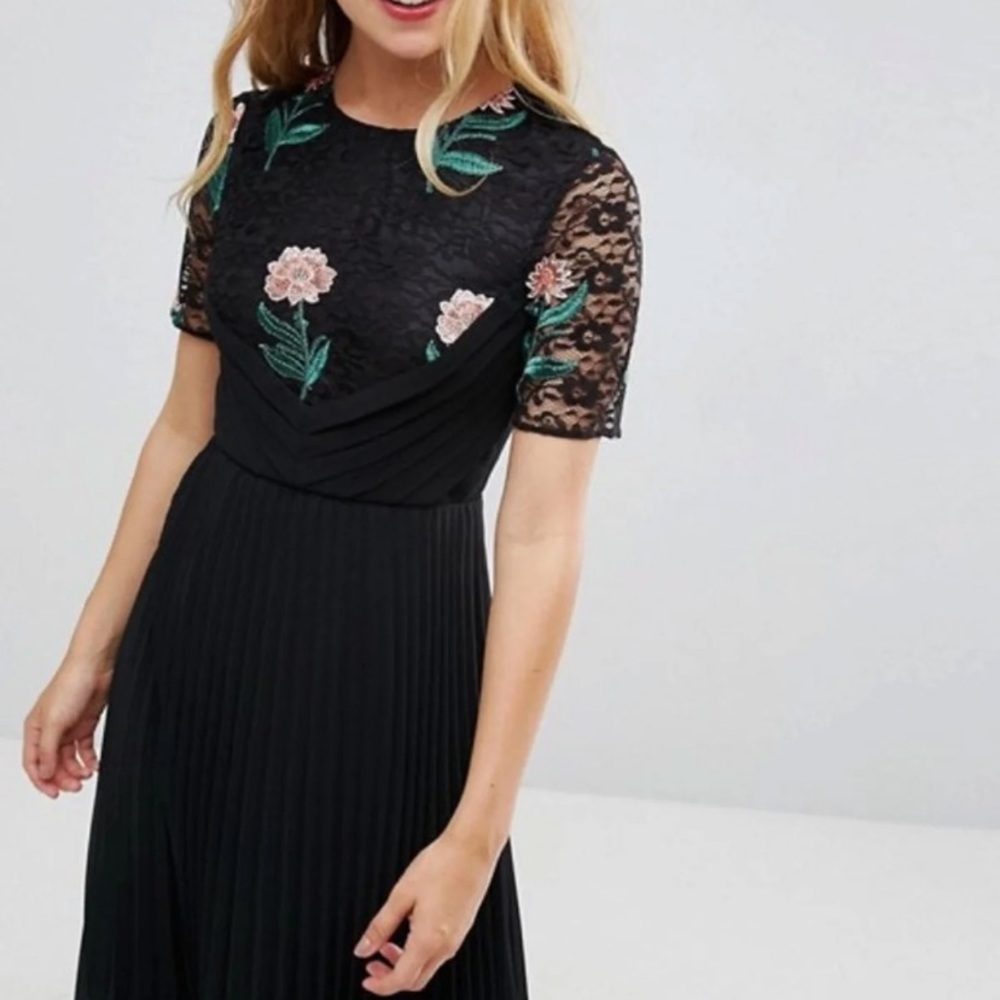ASOS Pleated Embroidered Lace Midi Dress - Picture 3 of 4
